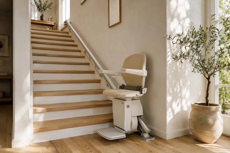 Illustration d’un fauteuil monte-escalier beige sur un rail, dans un escalier lumineux en bois clair